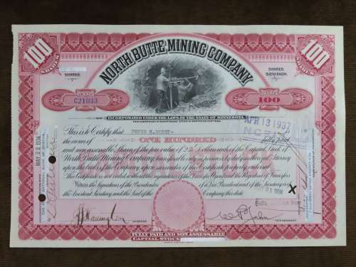 1917 Set of 3 North Butte Mining Company, Stock Certificate, 250 Shares , C21033