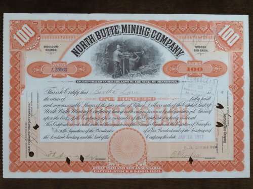 1917 Set of 3 North Butte Mining Company, Stock Certificate, 205 Shares , C21032