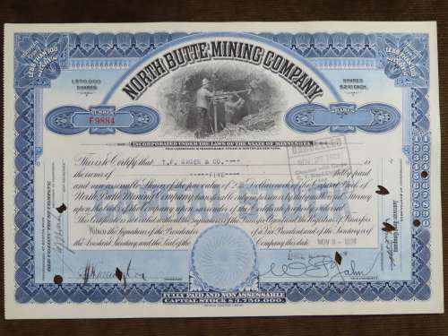 1917 Set of 3 North Butte Mining Company, Stock Certificate, 205 Shares , C21032