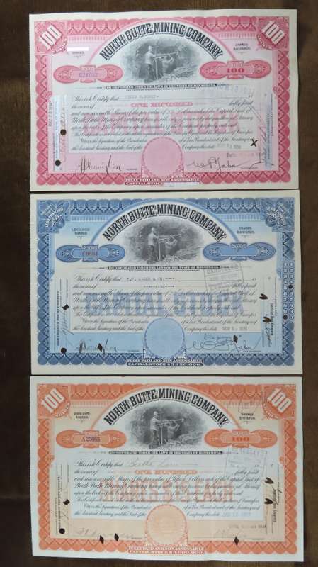 1917 Set of 3 North Butte Mining Company, Stock Certificate, 205 Shares , C21032