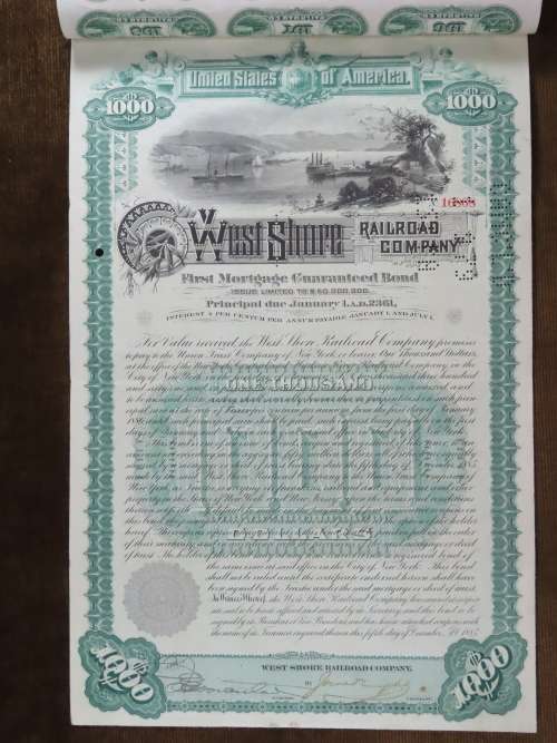 1885 West Shore Railroad Company, $1000 Bond Certificate With  Coupons 16868