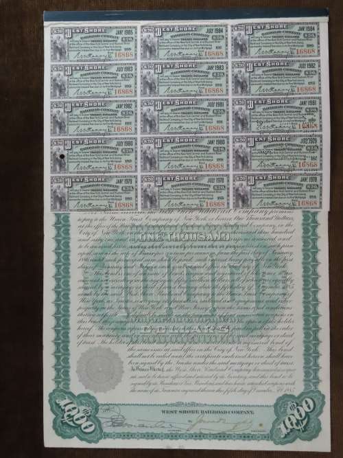 1885 West Shore Railroad Company, $1000 Bond Certificate With  Coupons 16868