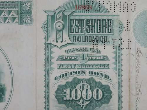 1885 West Shore Railroad Company, $1000 Bond Certificate With  Coupons 16868