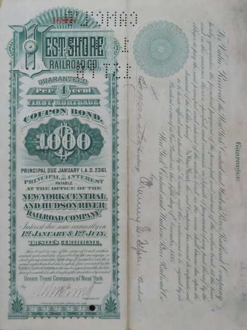 1885 West Shore Railroad Company, $1000 Bond Certificate With  Coupons 16868