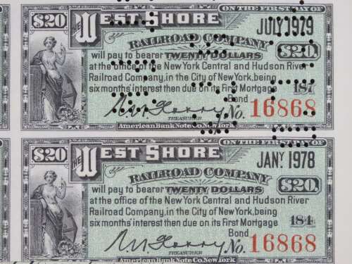 1885 West Shore Railroad Company, $1000 Bond Certificate With  Coupons 16868