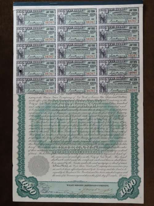 1885 West Shore Railroad Company, $1000 Bond Certificate With  Coupons 16767