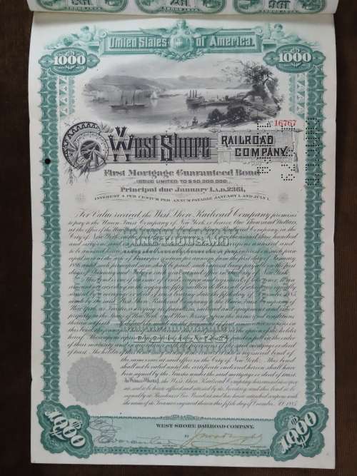 1885 West Shore Railroad Company, $1000 Bond Certificate With  Coupons 16767