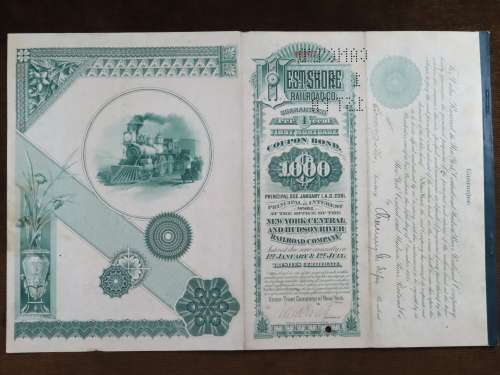 1885 West Shore Railroad Company, $1000 Bond Certificate With  Coupons 16767
