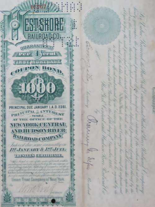 1885 West Shore Railroad Company, $1000 Bond Certificate With  Coupons 16767