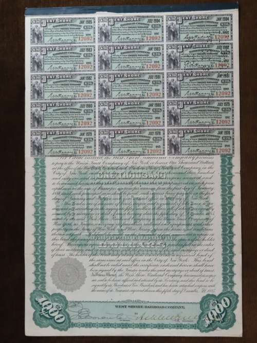 1885 West Shore Railroad Company, $1000 Bond Certificate With  Coupons 12092