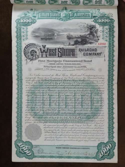 1885 West Shore Railroad Company, $1000 Bond Certificate With  Coupons 12092