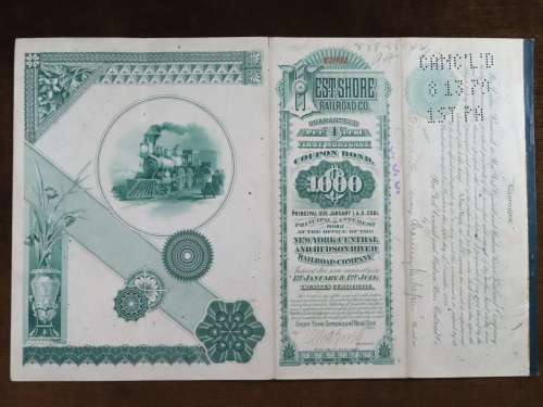 1885 West Shore Railroad Company, $1000 Bond Certificate With  Coupons 12092