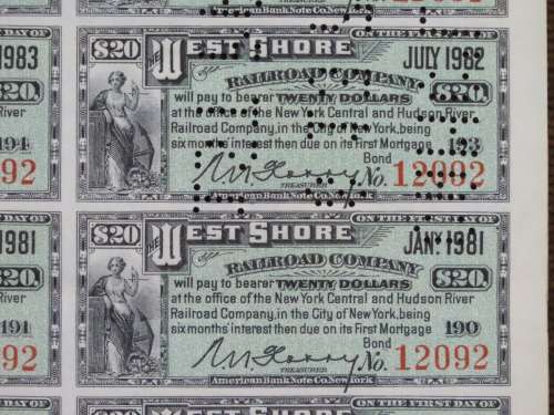 1885 West Shore Railroad Company, $1000 Bond Certificate With  Coupons 12092
