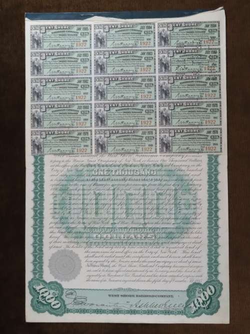 1885 West Shore Railroad Company, $1000 Bond Certificate With  Coupons 1922