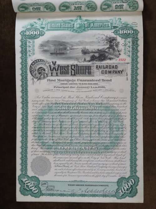 1885 West Shore Railroad Company, $1000 Bond Certificate With  Coupons 1922