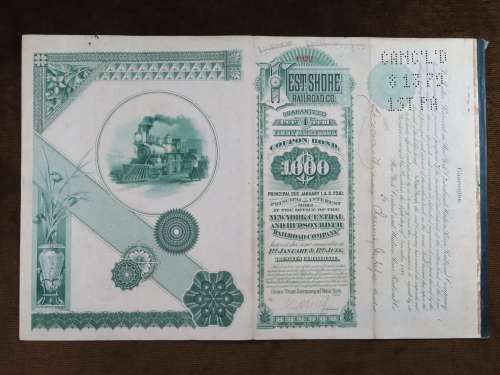 1885 West Shore Railroad Company, $1000 Bond Certificate With  Coupons 1922
