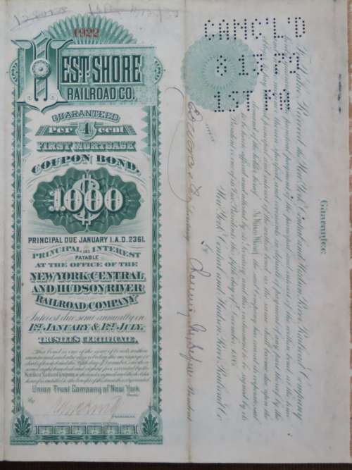 1885 West Shore Railroad Company, $1000 Bond Certificate With  Coupons 1922
