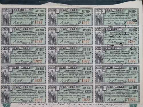 1885 West Shore Railroad Company, $1000 Bond Certificate With  Coupons 1922