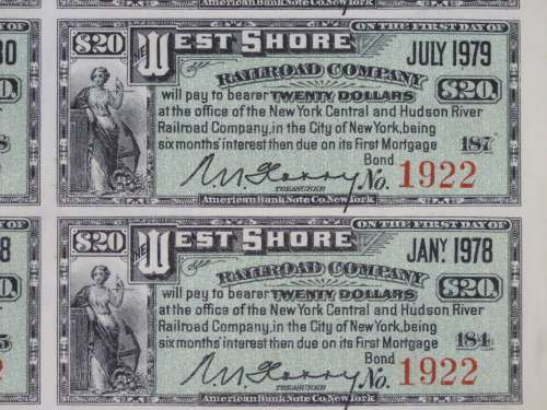 1885 West Shore Railroad Company, $1000 Bond Certificate With  Coupons 1922