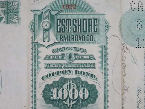 1885 West Shore Railroad Company, $1000 Bond Certificate With  Coupons 1922