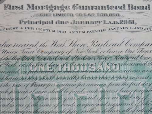1885 West Shore Railroad Company, $1000 Bond Certificate With  Coupons 1922