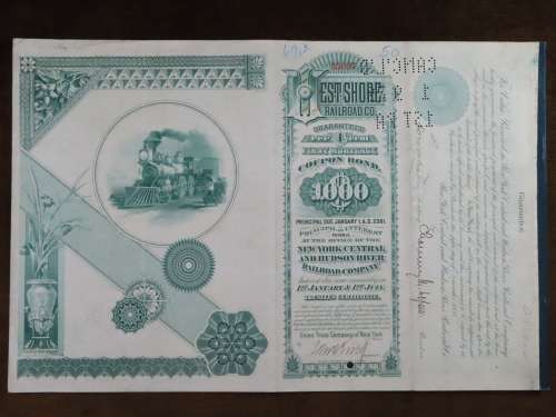 1885 West Shore Railroad Company, $1000 Bond Certificate With  Coupons 35037