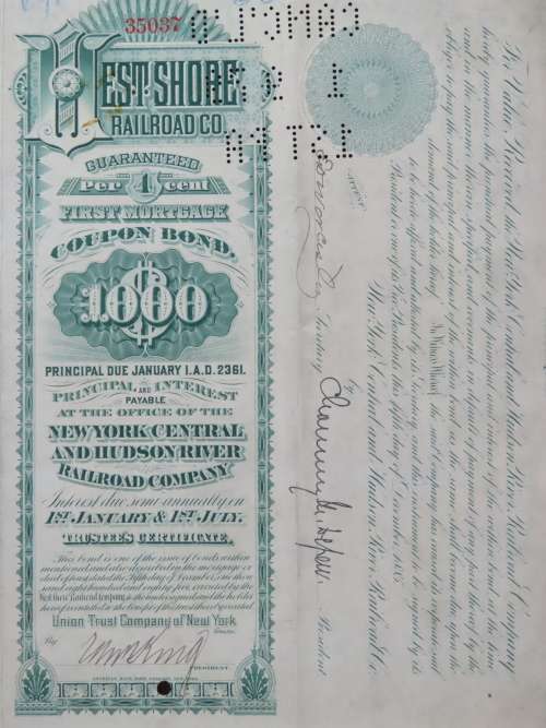 1885 West Shore Railroad Company, $1000 Bond Certificate With  Coupons 35037