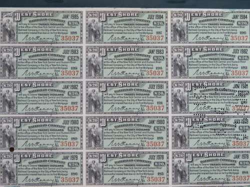 1885 West Shore Railroad Company, $1000 Bond Certificate With  Coupons 35037