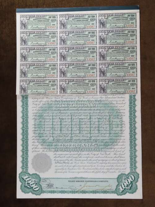 1885 West Shore Railroad Company, $1000 Bond Certificate With  Coupons 13507