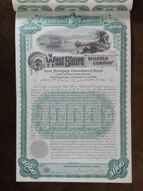 1885 West Shore Railroad Company, $1000 Bond Certificate With  Coupons 13507