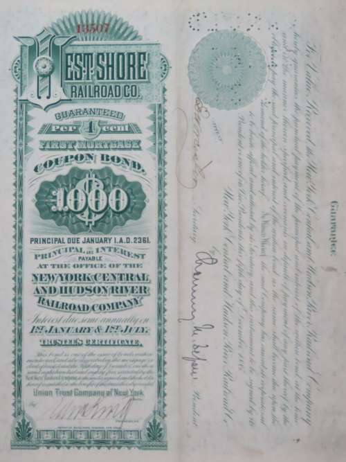 1885 West Shore Railroad Company, $1000 Bond Certificate With  Coupons 13507