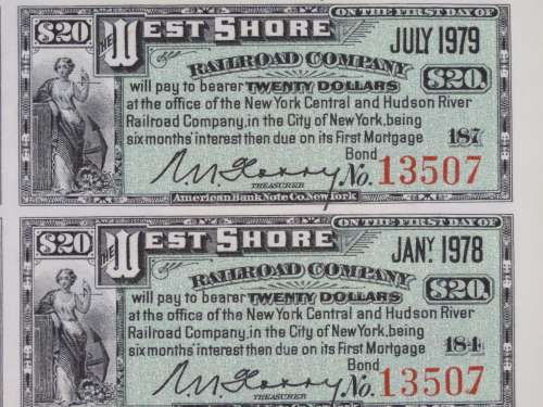 1885 West Shore Railroad Company, $1000 Bond Certificate With  Coupons 13507