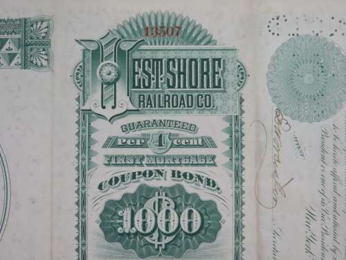 1885 West Shore Railroad Company, $1000 Bond Certificate With  Coupons 13507
