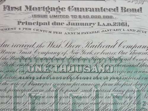1885 West Shore Railroad Company, $1000 Bond Certificate With  Coupons 13507