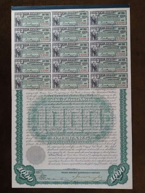 1885 West Shore Railroad Company, $1000 Bond Certificate With  Coupons 13506