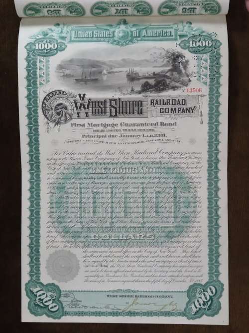 1885 West Shore Railroad Company, $1000 Bond Certificate With  Coupons 13506