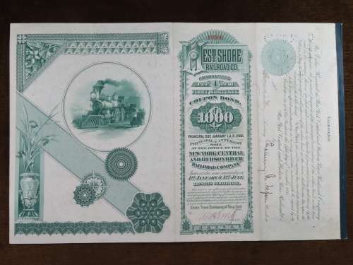 1885 West Shore Railroad Company, $1000 Bond Certificate With  Coupons 13506