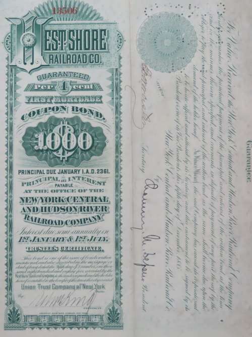 1885 West Shore Railroad Company, $1000 Bond Certificate With  Coupons 13506