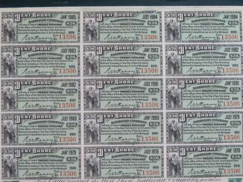 1885 West Shore Railroad Company, $1000 Bond Certificate With  Coupons 13506