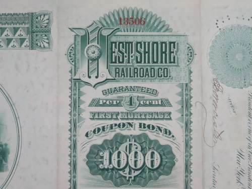 1885 West Shore Railroad Company, $1000 Bond Certificate With  Coupons 13506