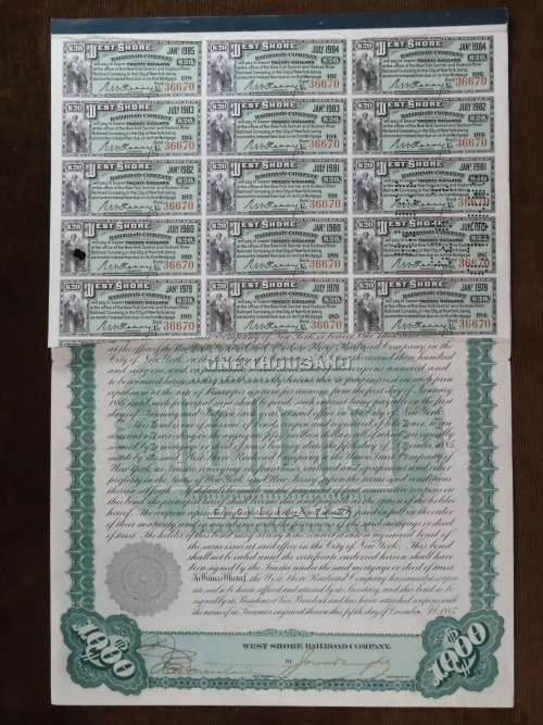 1885 West Shore Railroad Company, $1000 Bond Certificate With  Coupons 36670