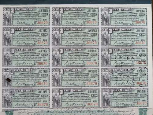 1885 West Shore Railroad Company, $1000 Bond Certificate With  Coupons 36670
