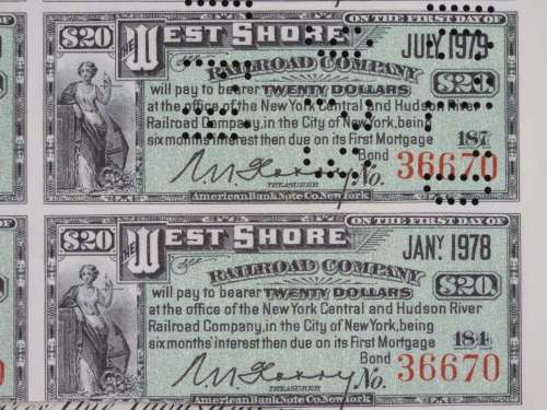 1885 West Shore Railroad Company, $1000 Bond Certificate With  Coupons 36670