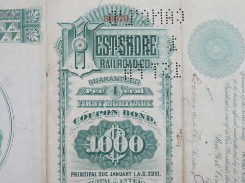 1885 West Shore Railroad Company, $1000 Bond Certificate With  Coupons 36670