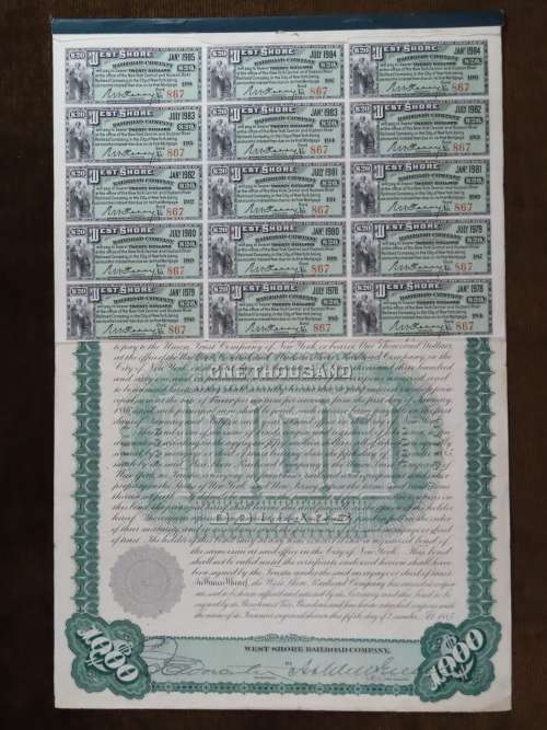 1885 West Shore Railroad Company, $1000 Bond Certificate With  Coupons 867