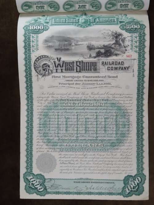 1885 West Shore Railroad Company, $1000 Bond Certificate With  Coupons 867