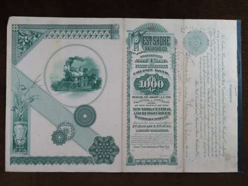 1885 West Shore Railroad Company, $1000 Bond Certificate With  Coupons 867