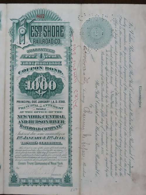 1885 West Shore Railroad Company, $1000 Bond Certificate With  Coupons 867