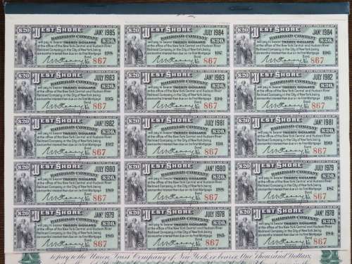 1885 West Shore Railroad Company, $1000 Bond Certificate With  Coupons 867