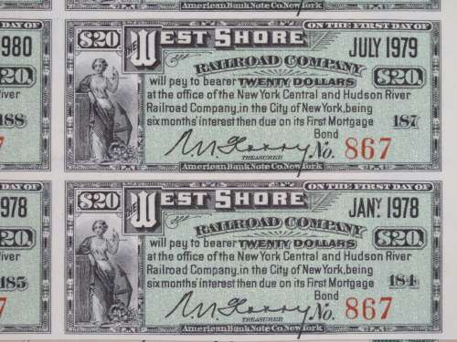 1885 West Shore Railroad Company, $1000 Bond Certificate With  Coupons 867